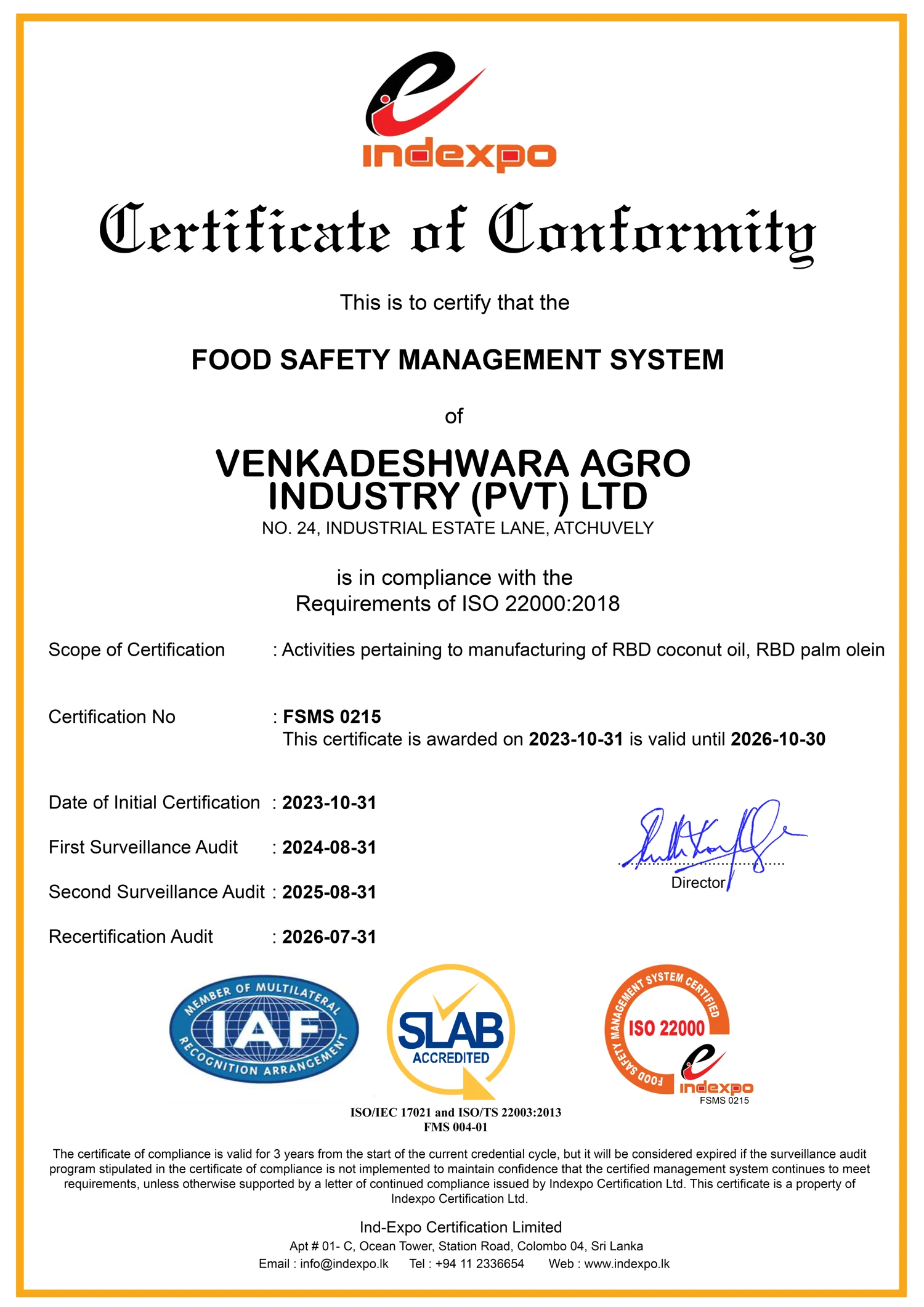 ISO 22000:2018 certificate document